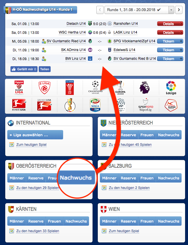 Wo finde ich meine Nachwuchs-Liga im Live-Ticker?